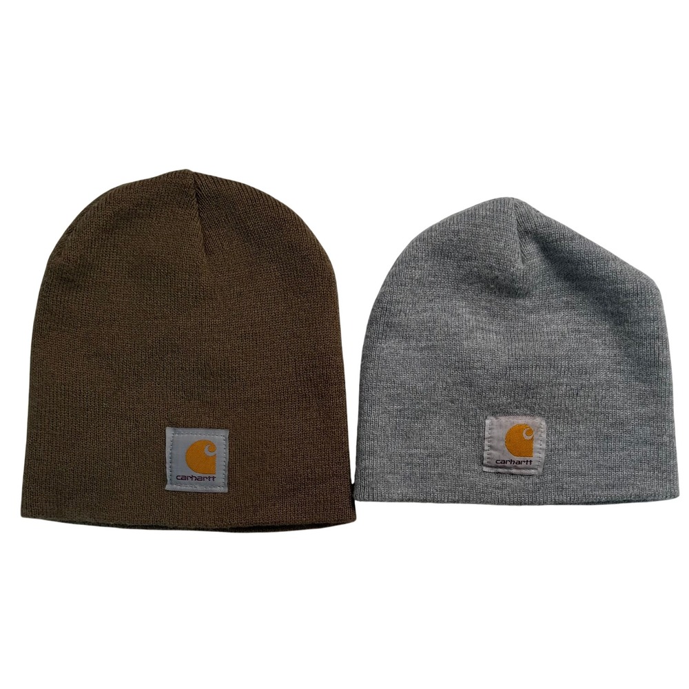 Carhartt Beanie Hat Bundle Set of 2 Brown and Gray Knit Acrylic Skull Caps